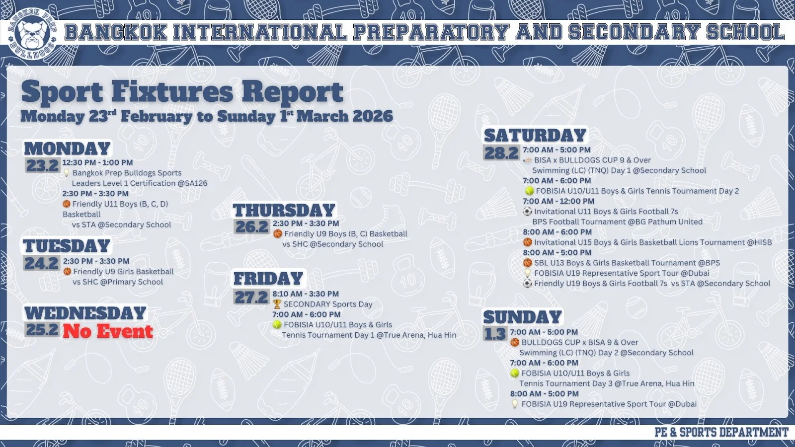 Bangkok Prep Fixtures: Week of Mon 23 Feb 2026