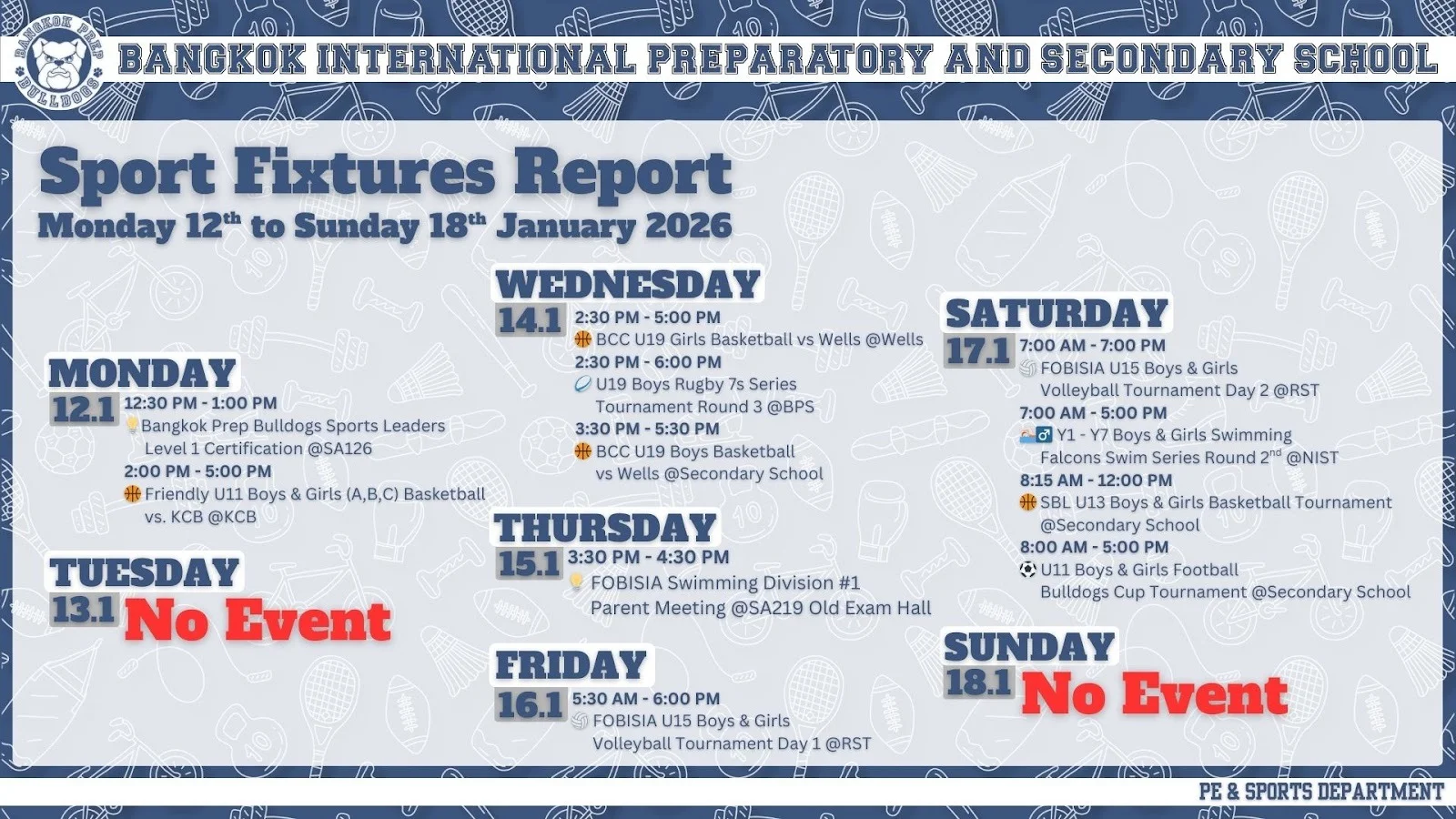 Bangkok Prep Fixtures: Week of Mon 12 Jan 2026