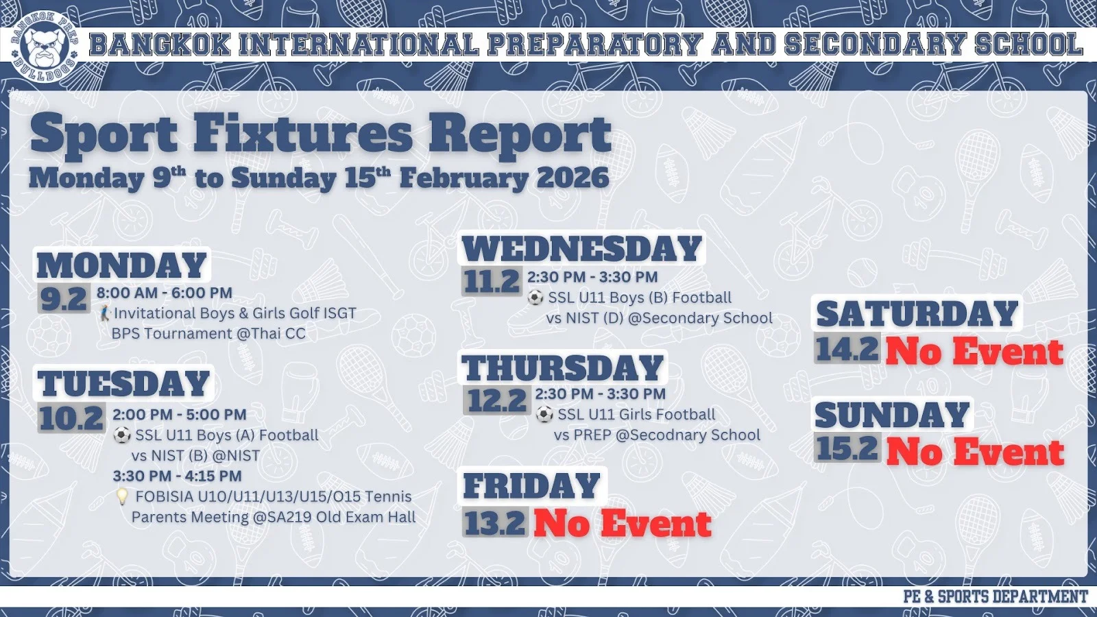 Bangkok Prep Fixtures: Week of Mon 9 Feb 2026