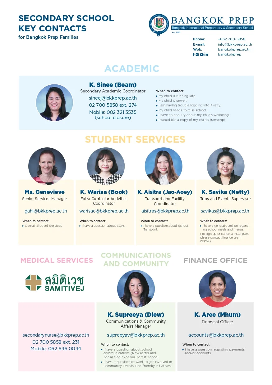 Key Contacts for Bangkok Prep Families